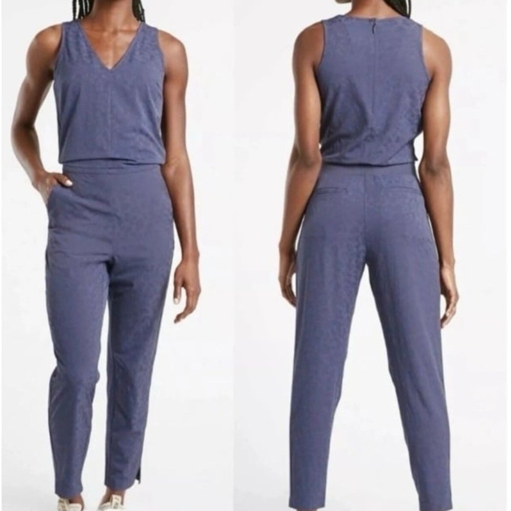 Athleta Brooklyn Textured Jumpsuit Blue Leopard Jacquard Sleeveless Size 4‎